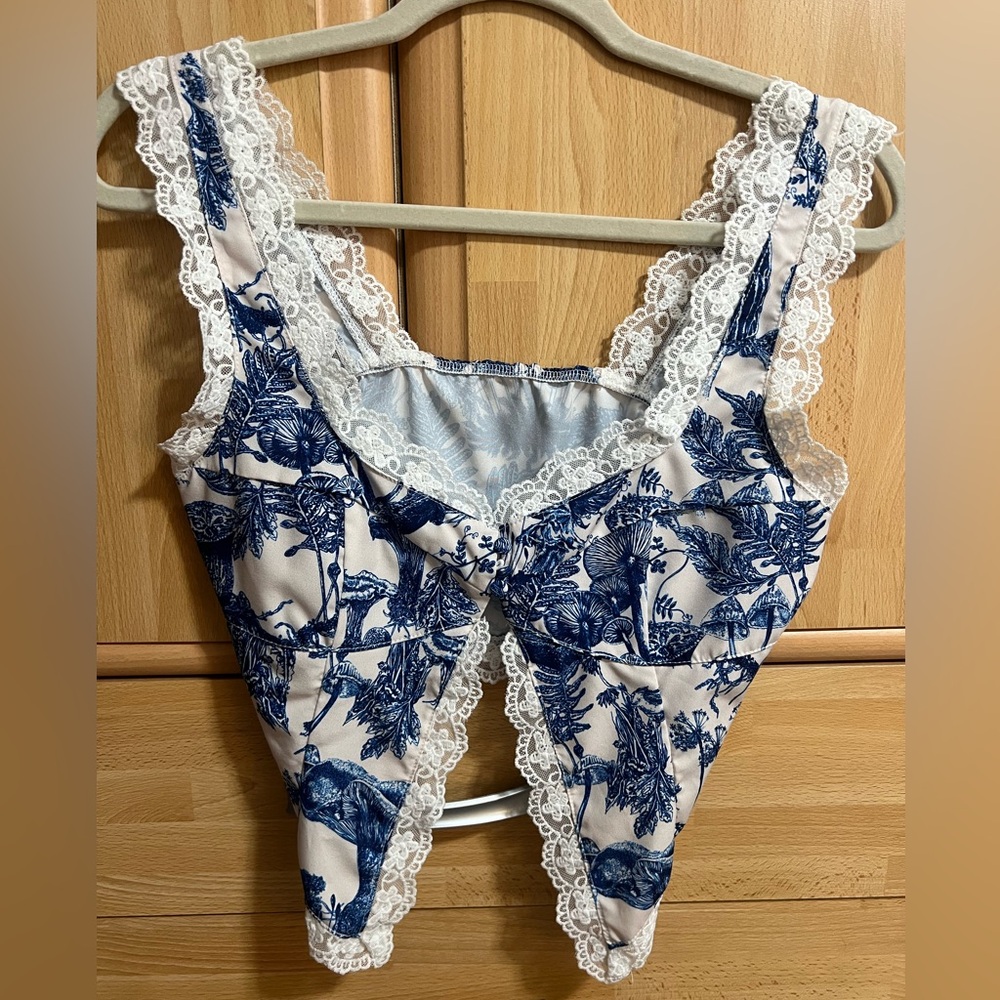 Blue and White Lace Trim Bodysuit